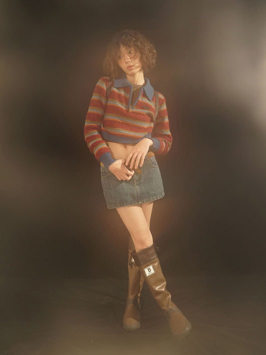 Vintage Women's Loose Contrast Color Striped Polo Collar Sweater
