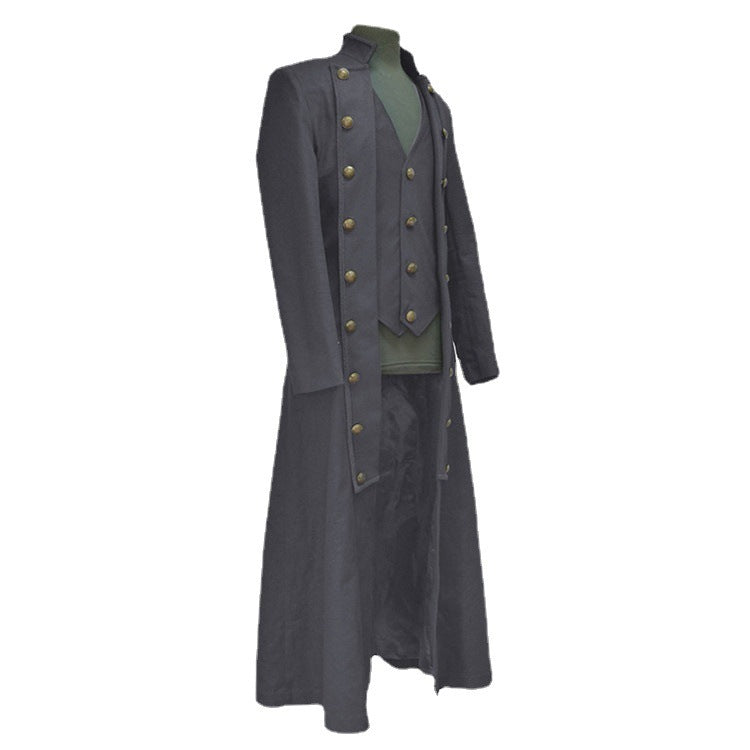 Men's Long Sleeve Stand Collar Three Row Button Coat