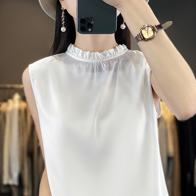 Dame forårs- og sommer-top i ensfarvet løst tyndt satin-stof med vest-snit