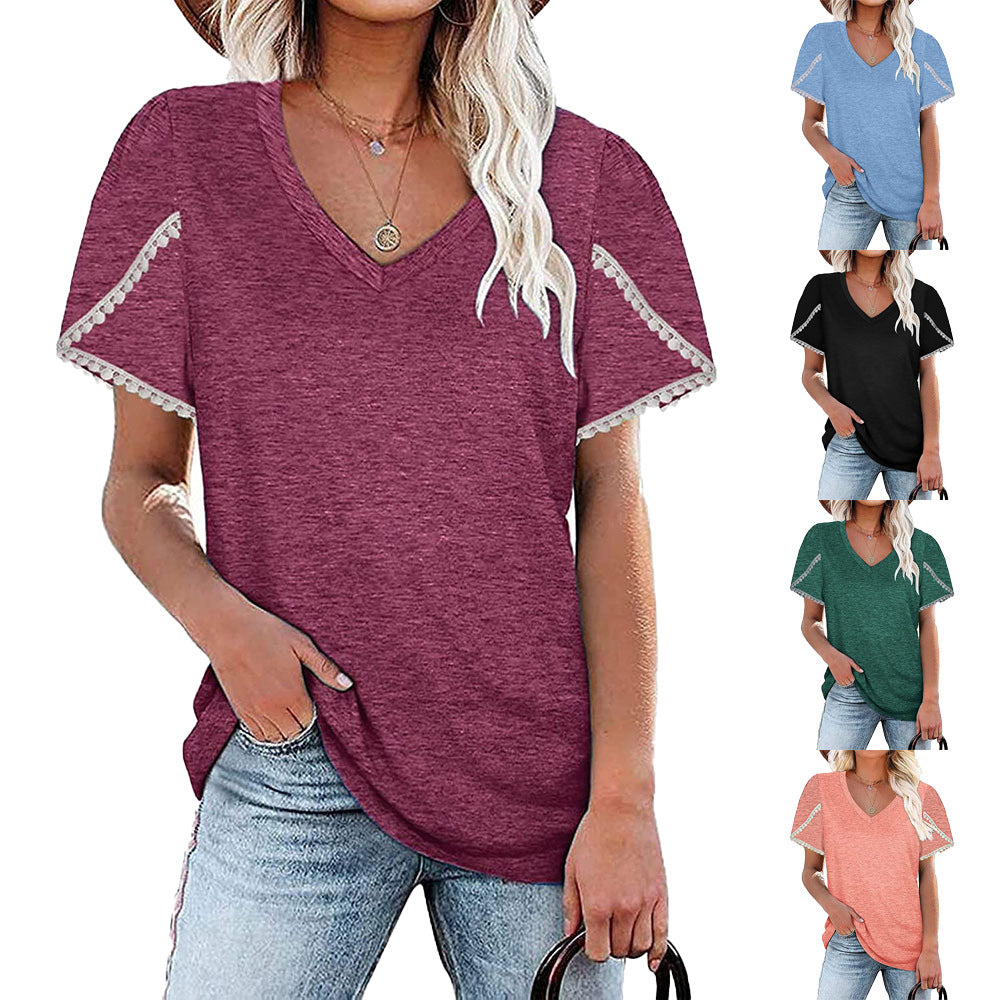 V-neck Lace Short-sleeved Shirt Loose Color Cotton Petal-sleeved T-shirt
