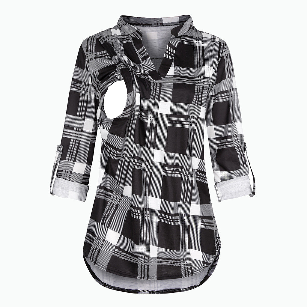 Plaid Printed Pregnant Woman Breastfeeding V-neck Long Sleeve Top