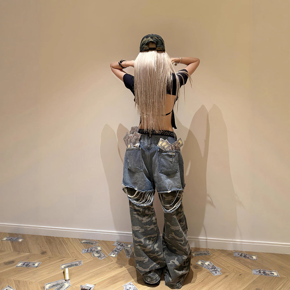 Distressed Washed Patchwork Camouflage Ripped Denim Jeans