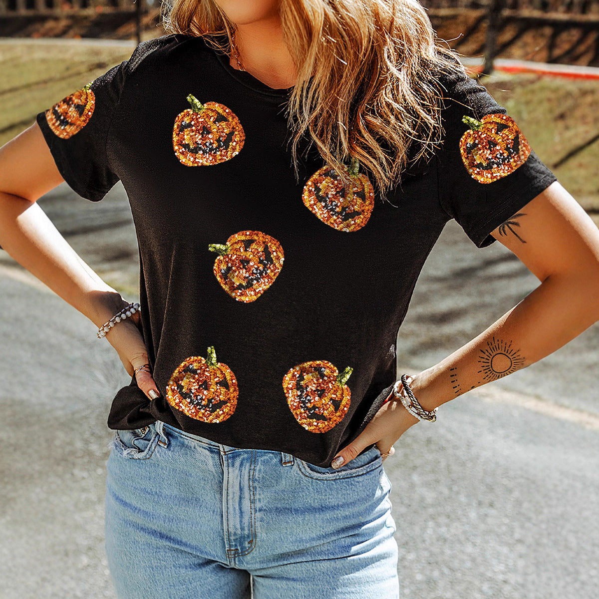 Women's Casual Halloween Sequin Stitching Loose Short Sleeve
