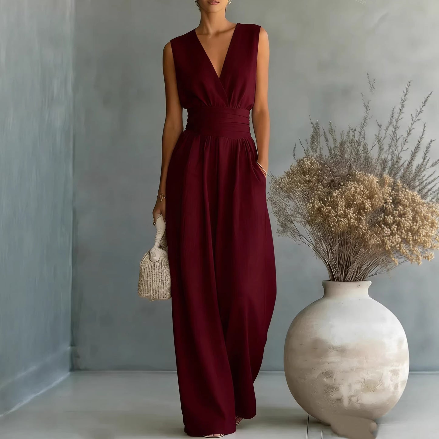 Womens Elegant Sleeveless Waist-Cinching V-Neck Sophisticated Jumpsuit