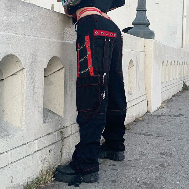 Heavy Industry Dark Contrast Color Ribbon Metal Decorative Chain Stitching Ankle Banded Pants Female
