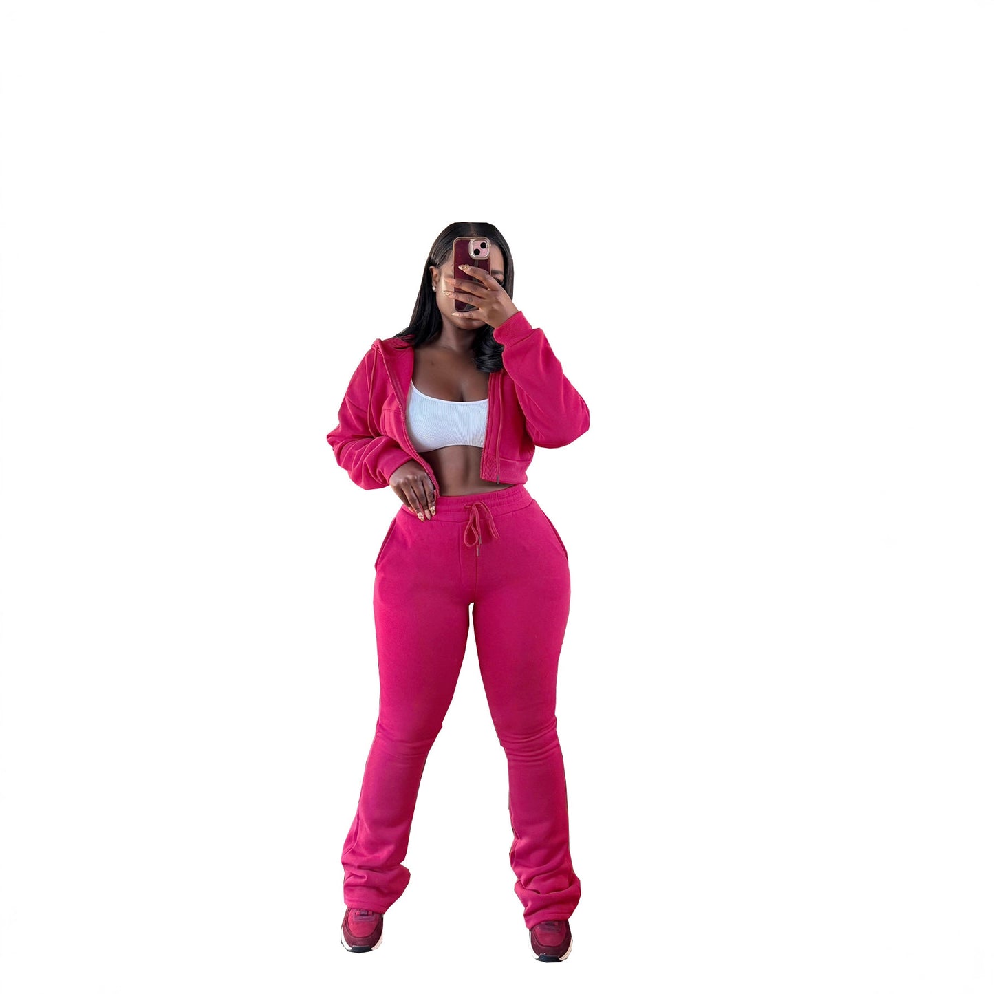 Women's Hooded Zip-Up Waist-Tying Fleece Sweatshirt Sport Set