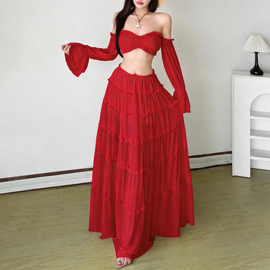 Spring Off Shoulder Long Sleeve Top And Midi Skirt Two Piece Set