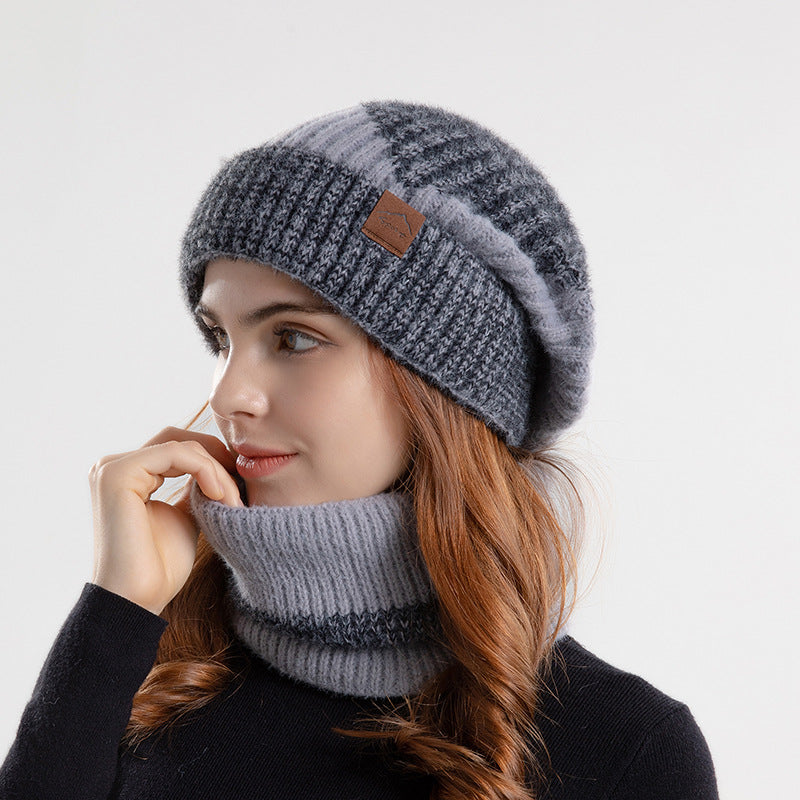 Knitted Hat Suit With Scarf Winter Two-color Hat And Thick Warm Earflaps Wool Scarf 2pcs