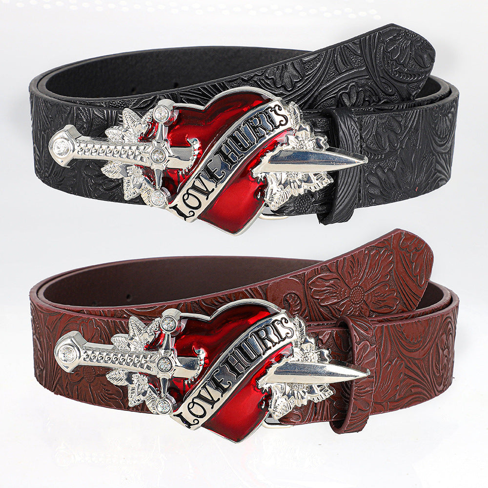 Punk-style Personalized Retro Embossed Heart-buckle A Versatile Edgy Goth Dark Leather Belt