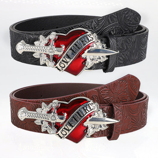 Punk-style Personalized Retro Embossed Heart-buckle A Versatile Edgy Goth Dark Leather Belt