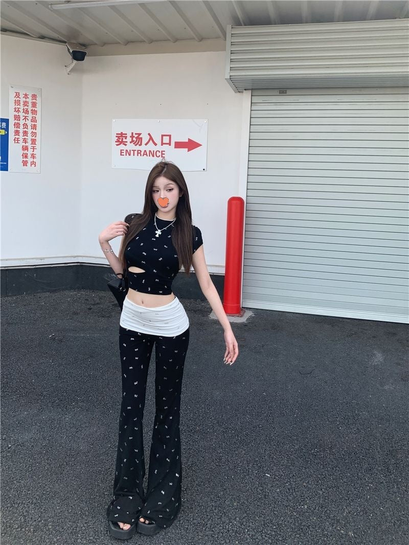 Casual Long Pants Bow Top Women's Summer Two-piece Set
