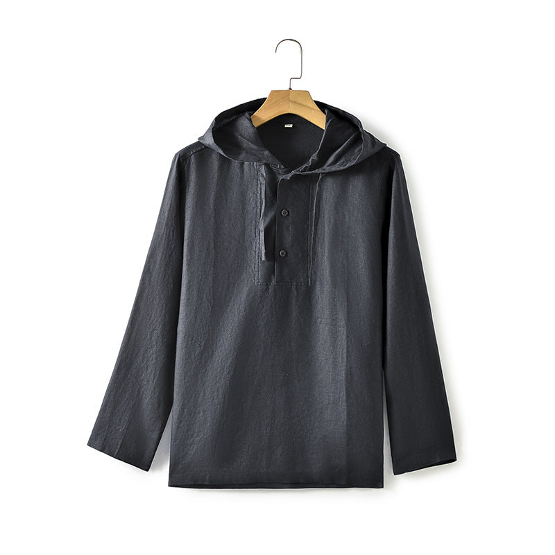 Linen Men's Loose Solid Color Hooded Casual Shirt