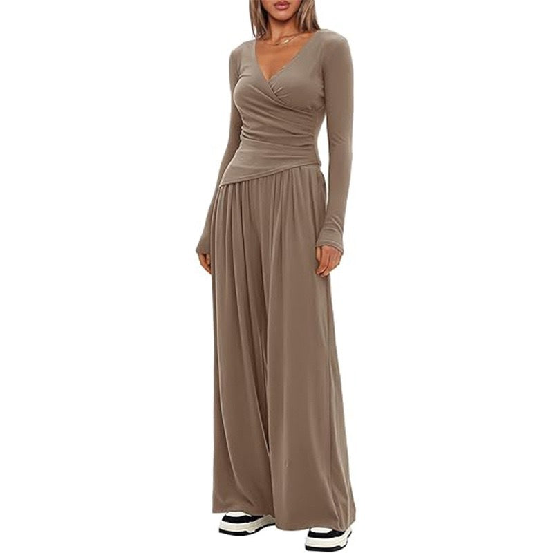 Women's V Neck Long-sleeve Sportswear Top And Wide-leg Pants Set Casual Comfortable Outfit Set For Daily Wear Gym Sports Outfit 2 Pieces