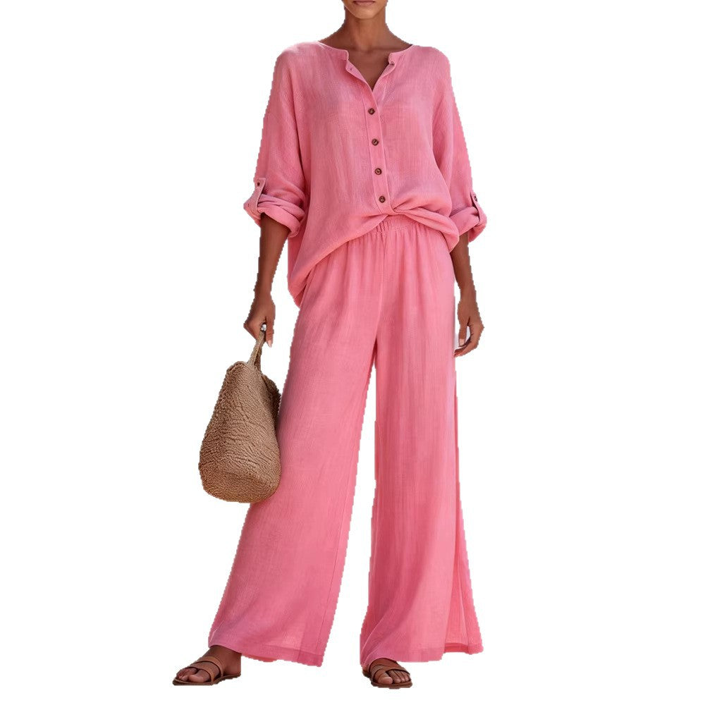 Womens Casual V Neck Long Sleeve Shirt And Pants Set In Cotton Available In Multiple Colors