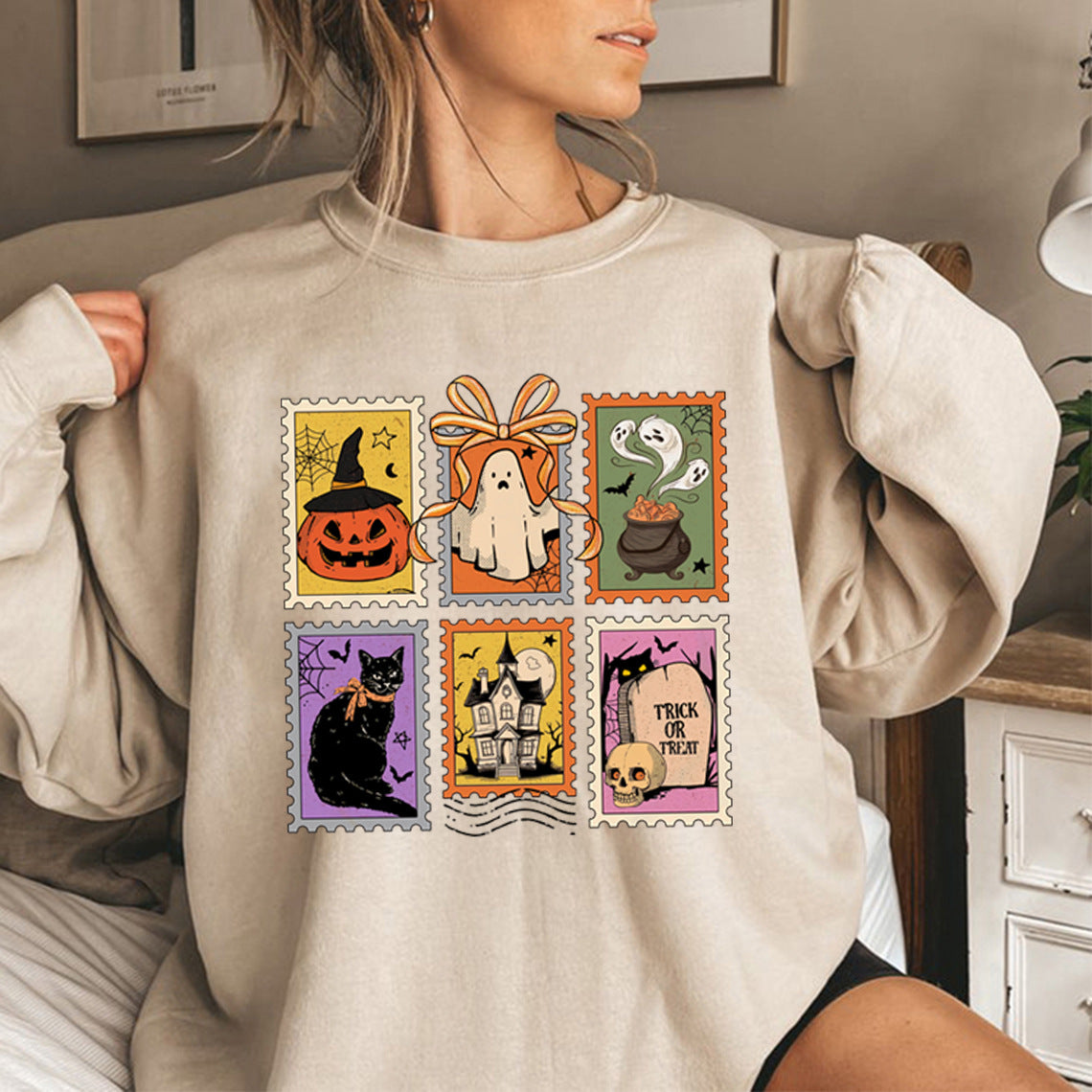 Retro Halloween Kat Spøgelse Sweatshirt Spooky Season Hoodie