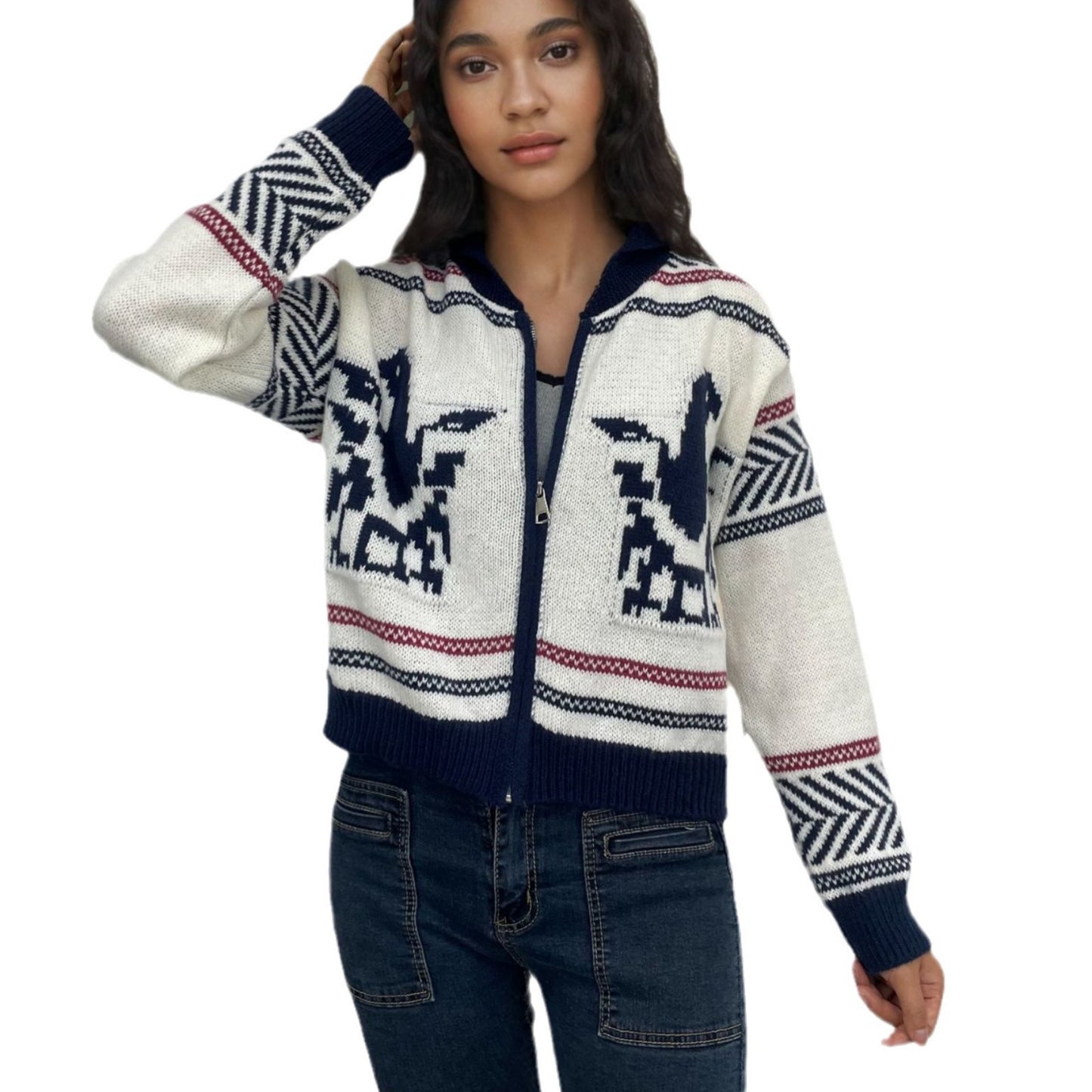 Dame cardigan med lynlås, revers, kort jacquard og kontrastfarver
