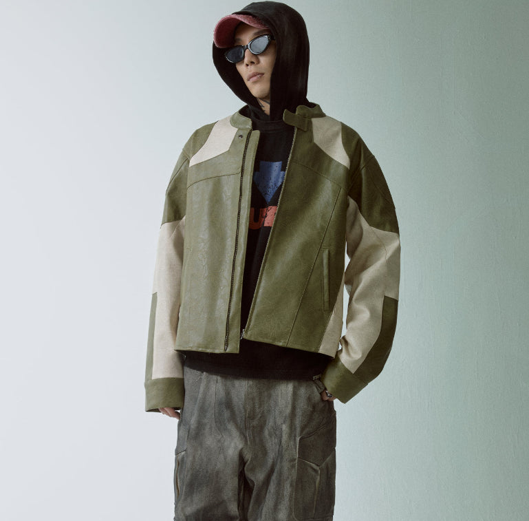 Distressed, Relaxed-fit Biker Leather Jacket