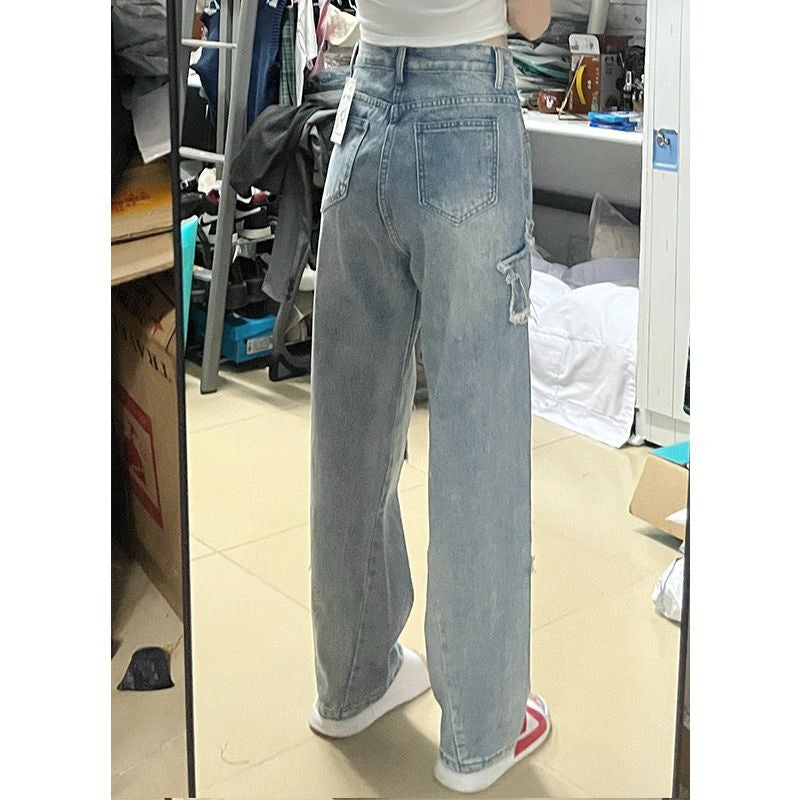 Blå XINGX Broderede Jeans Dame Løse Bukser med Lige Ben og Vide Ben