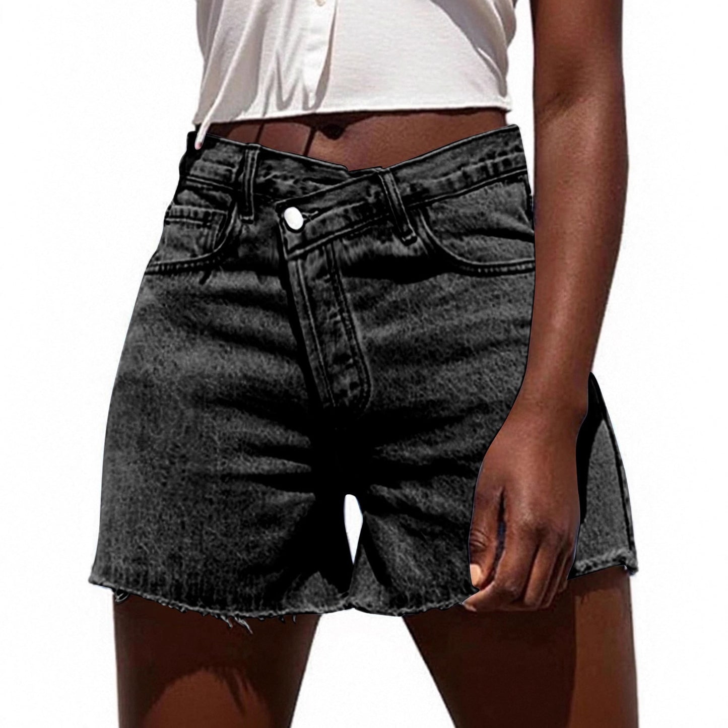 Irregular Slant-waist Raw-edge Denim Shorts