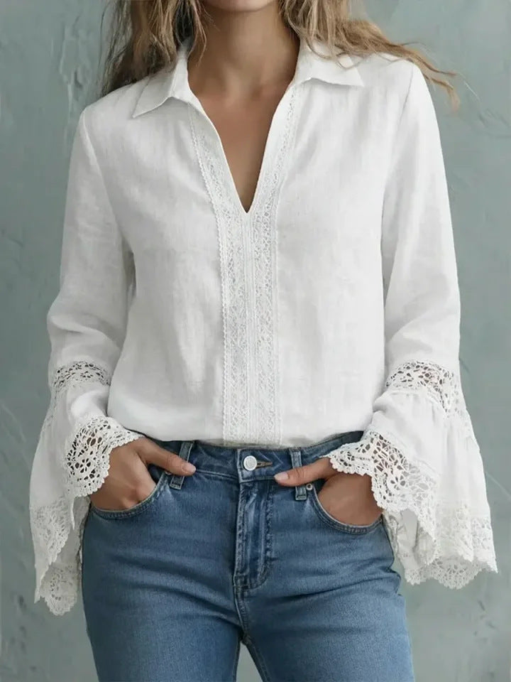 Elegant Bomuldsbluse Med Blondekant Og Pullover-Design
