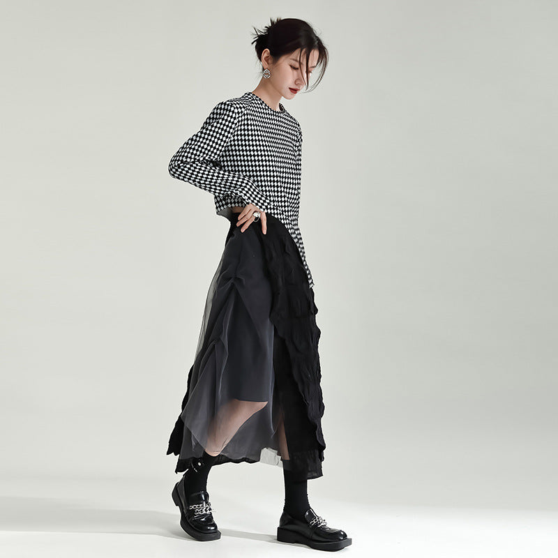 Gray Contrast Color Heavy Industry Stitching Mesh Pleats Skirt For Women