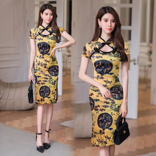 Vintage Cheongsam Mid-length Sexy Dress