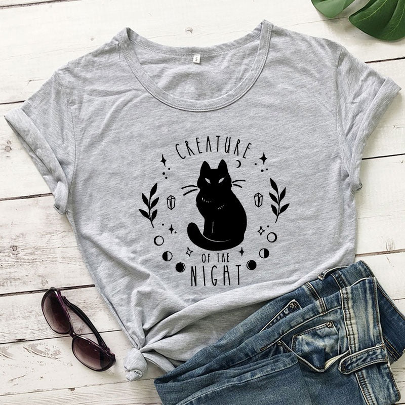 Women's Black Cat Alphabet Print T-Shirt