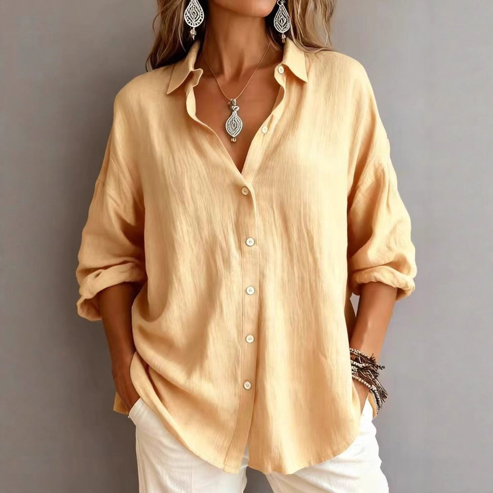 Fashionable Solid-color Long-sleeve Lapel Cardigan Shirt