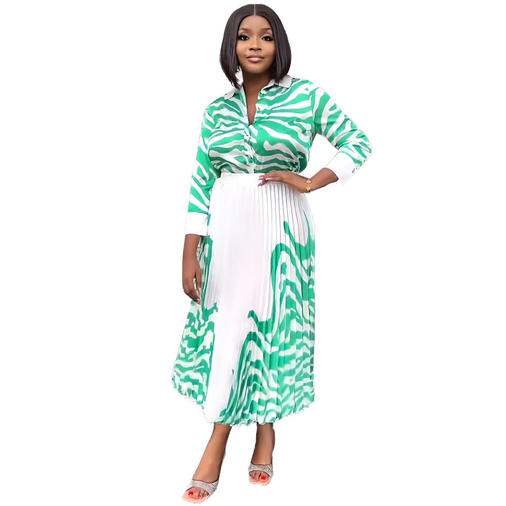 Zebra Print Long Sleeve Shirt Casual Pleated Skirt Spring And Summer Two-piece Set