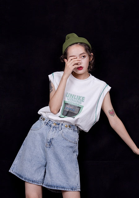 Summer new denim shorts female chic loose thin wide leg high waist hot pants