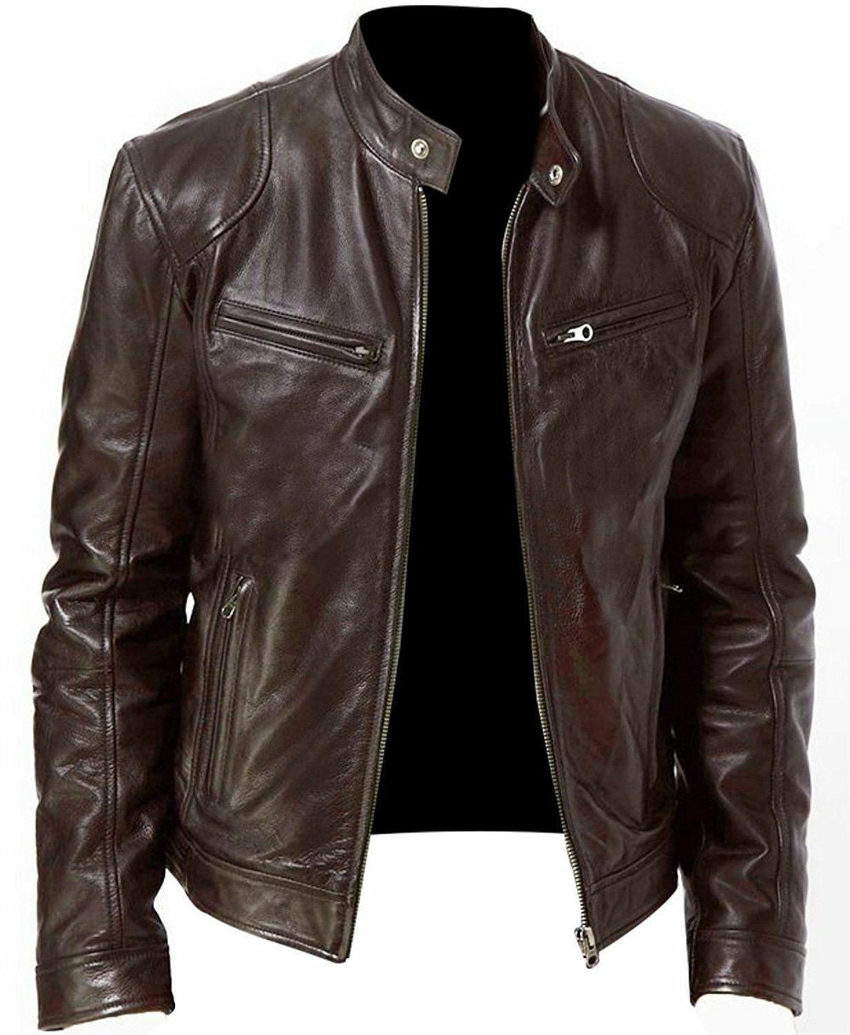 Mens Leather With A Stand-up Collar Punk-style Jacket