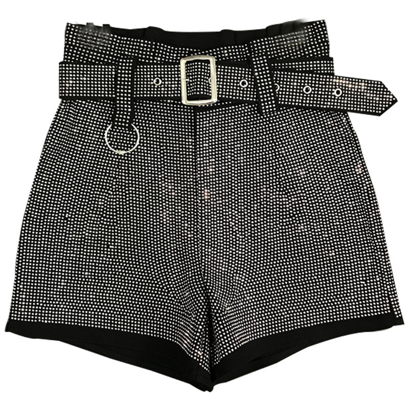 Spring New Fashion Rhinestone Shiny Belt Heavy Industry All-Match Shorts