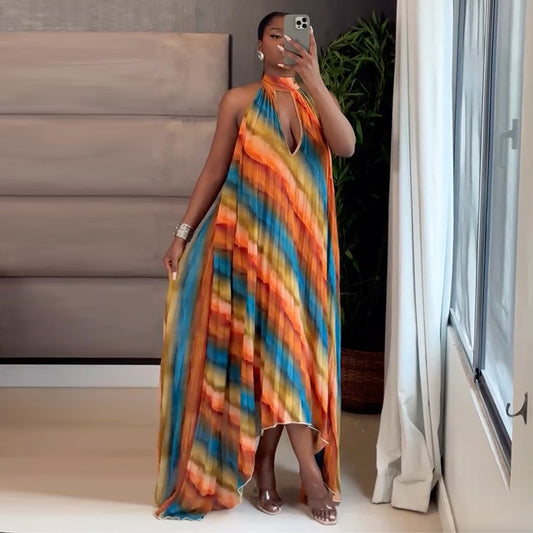 Neck-hanging Printed Hollow-out Loose Pleated Maxi Dress Long Skirt