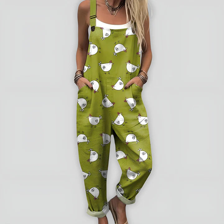Printed-button Casual Suspender Pants For Women