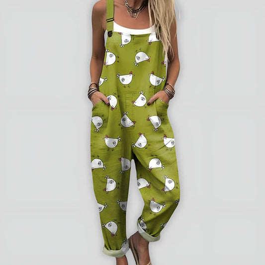 Printed-button Casual Suspender Pants For Women