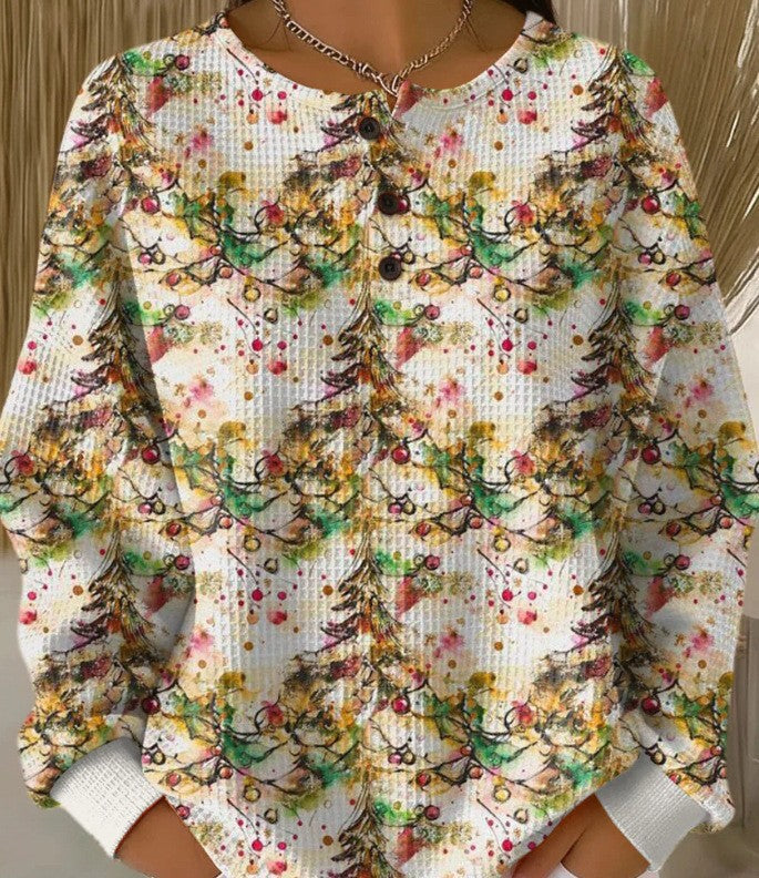 Retro 3D Digital Print Three-button Stand Collar Top