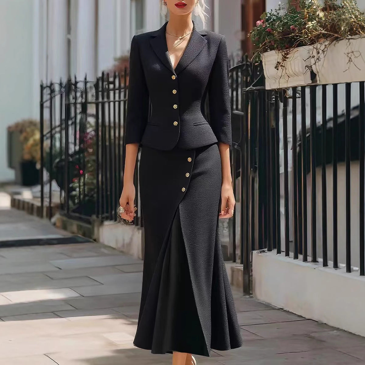 Three-quarter-sleeve Blazer And Long Skirt Set With Buttons And A Slit Mid-length Skirt