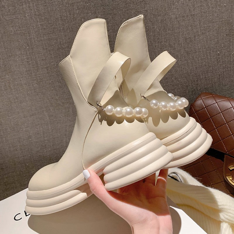 Platform Oblique Mouth Pearl Chain Women's Boots