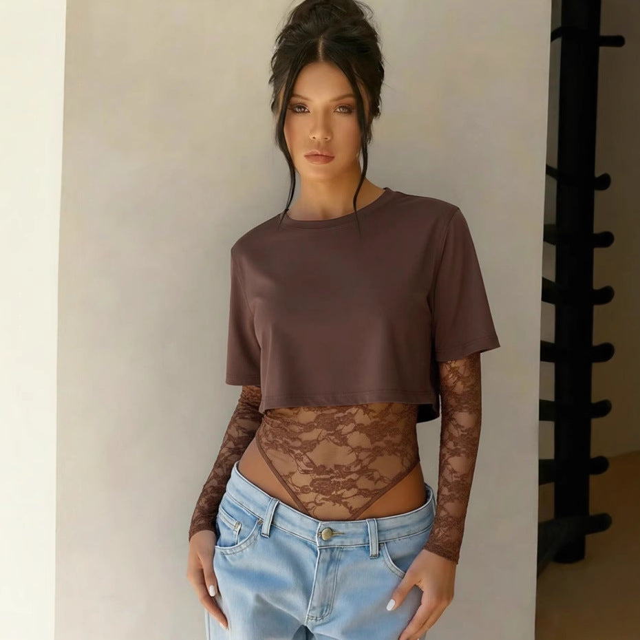 Womens Solid-Color Midriff-Baring Slim-Fit Lace Patchwork Jumpsuit