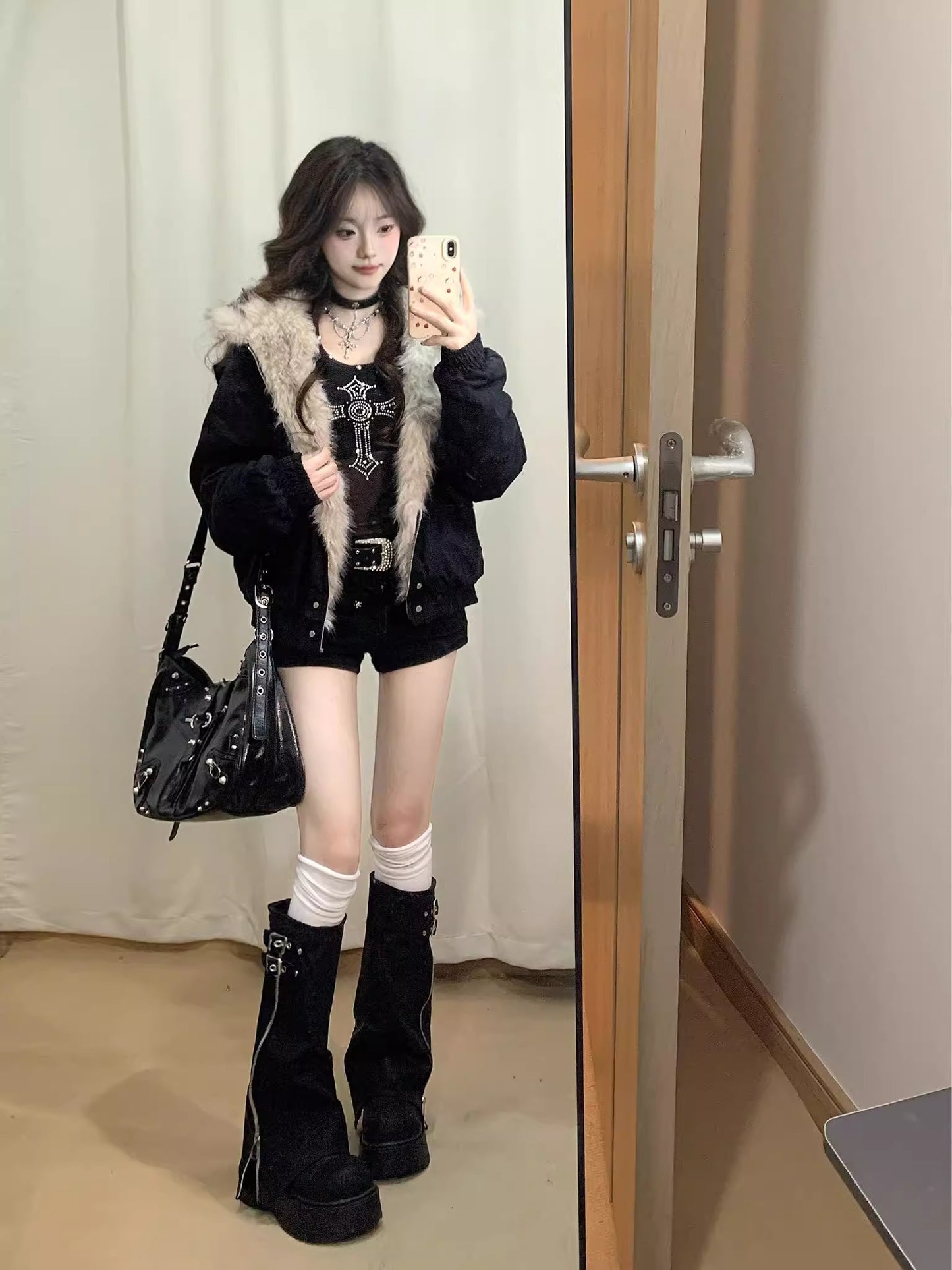 Thickened Fur Collar Hood Cotton-padded Coat For Women