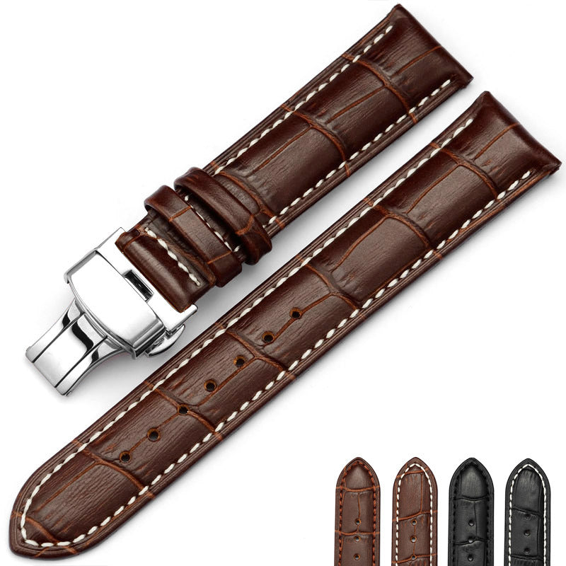 Double Click Elastic Butterfly Clasp Top Layer Cow Leather Watch Strap