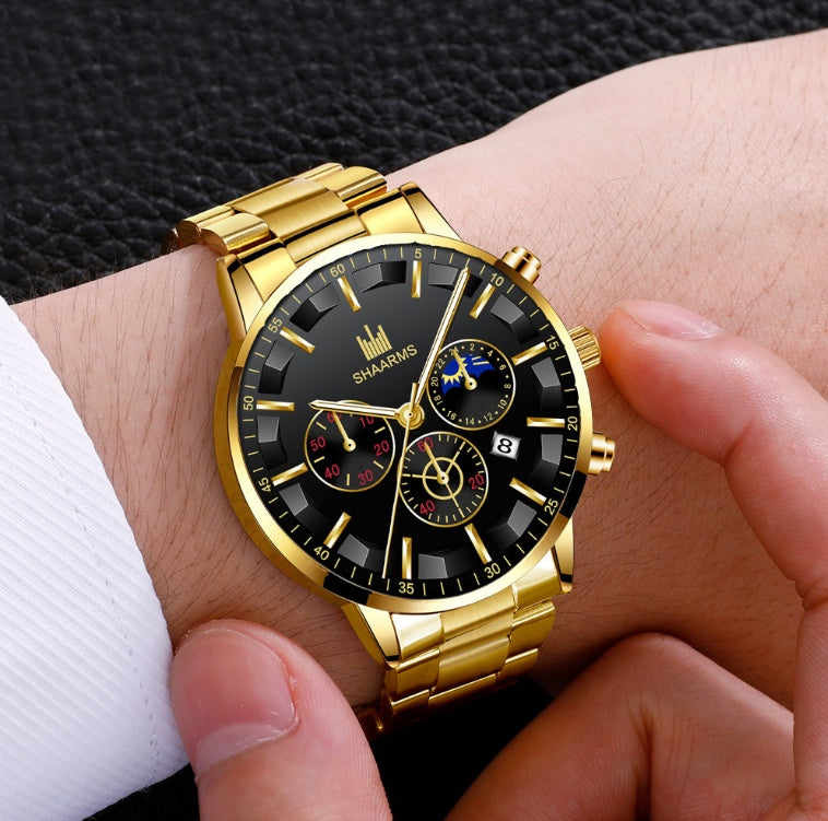 Stylish Round Large Dial Three-eye Calendar Quartz Watch