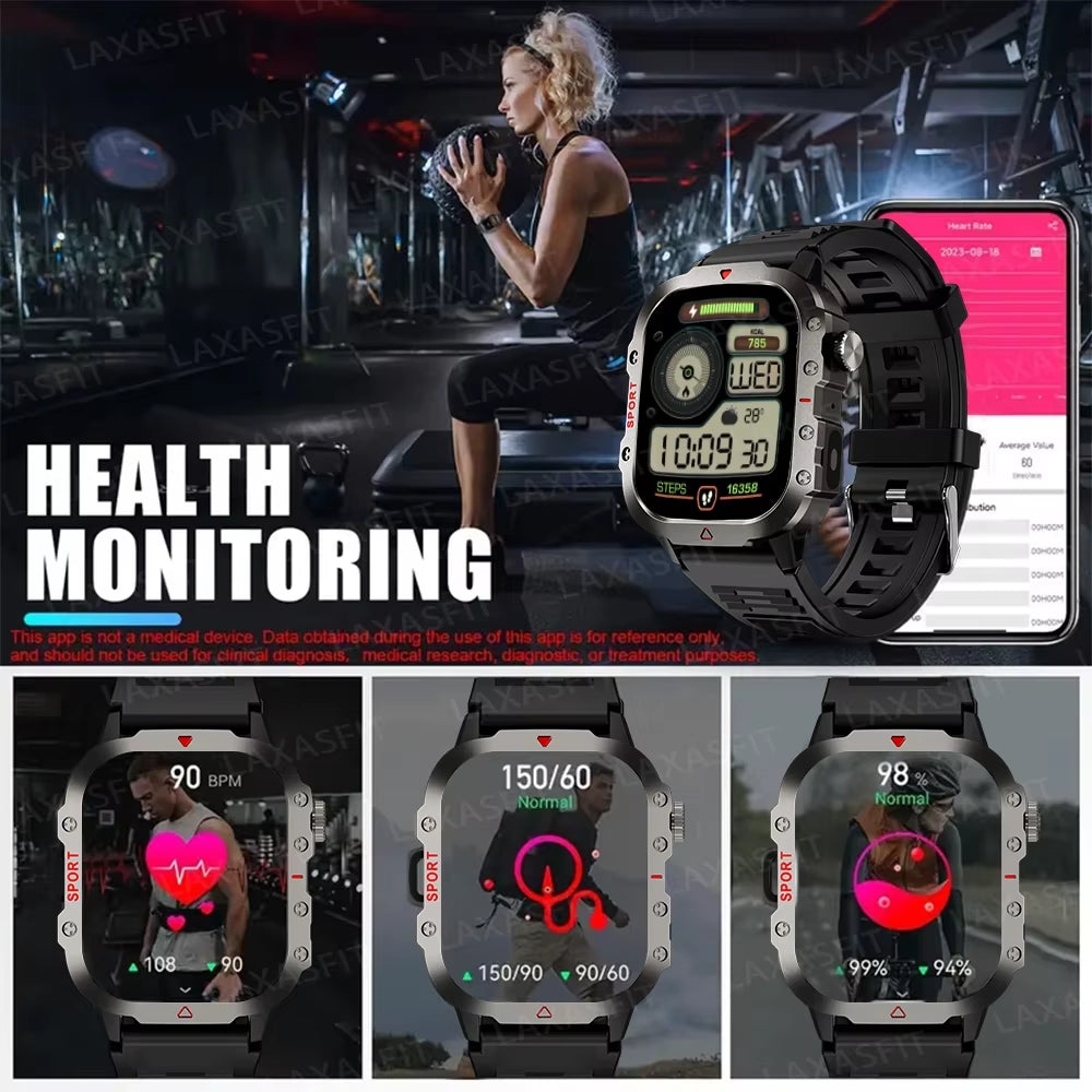 LED Flashlight Smart Watch Men Sports Fitness Bluetooth Call Heart Rate Health Monitor Outdoor Smart Watch Holiday Gift