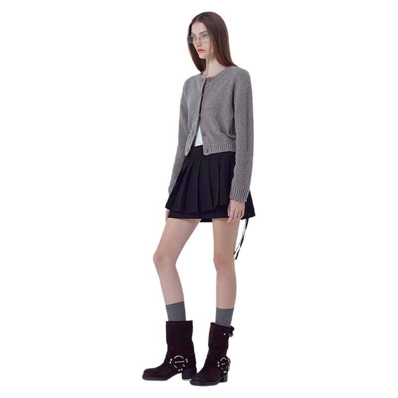 Women's Long Sleeve Round Neck Button Solid Color Sweater
