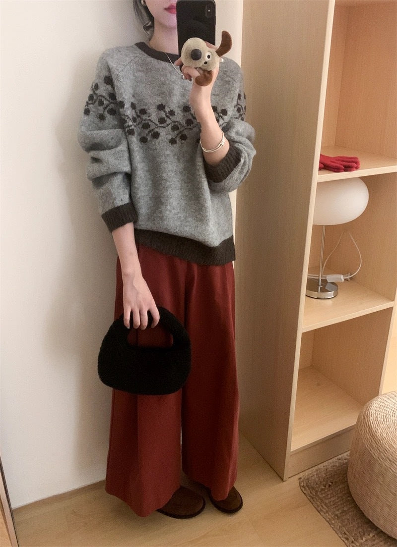 Korean Style Round Neck Jacquard Color Matching Niche Design Sweater