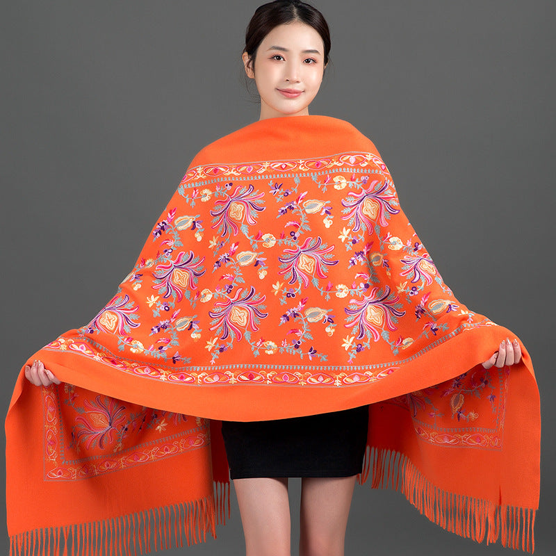 Thickened Tibetan-Nepalese Embroidered Cashmere-Style Scarf For Winter