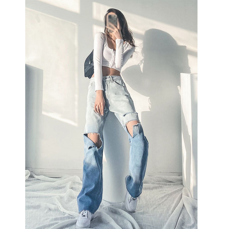 Women's High Waist Loose Shredded Gradient Straight Jeans