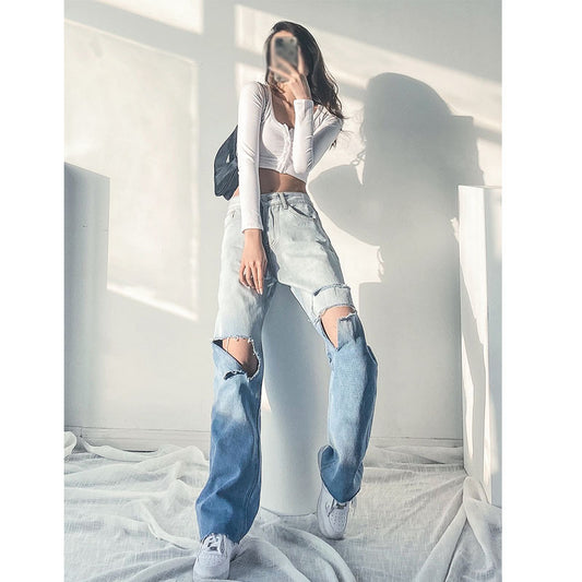 Women's High Waist Loose Shredded Gradient Straight Jeans