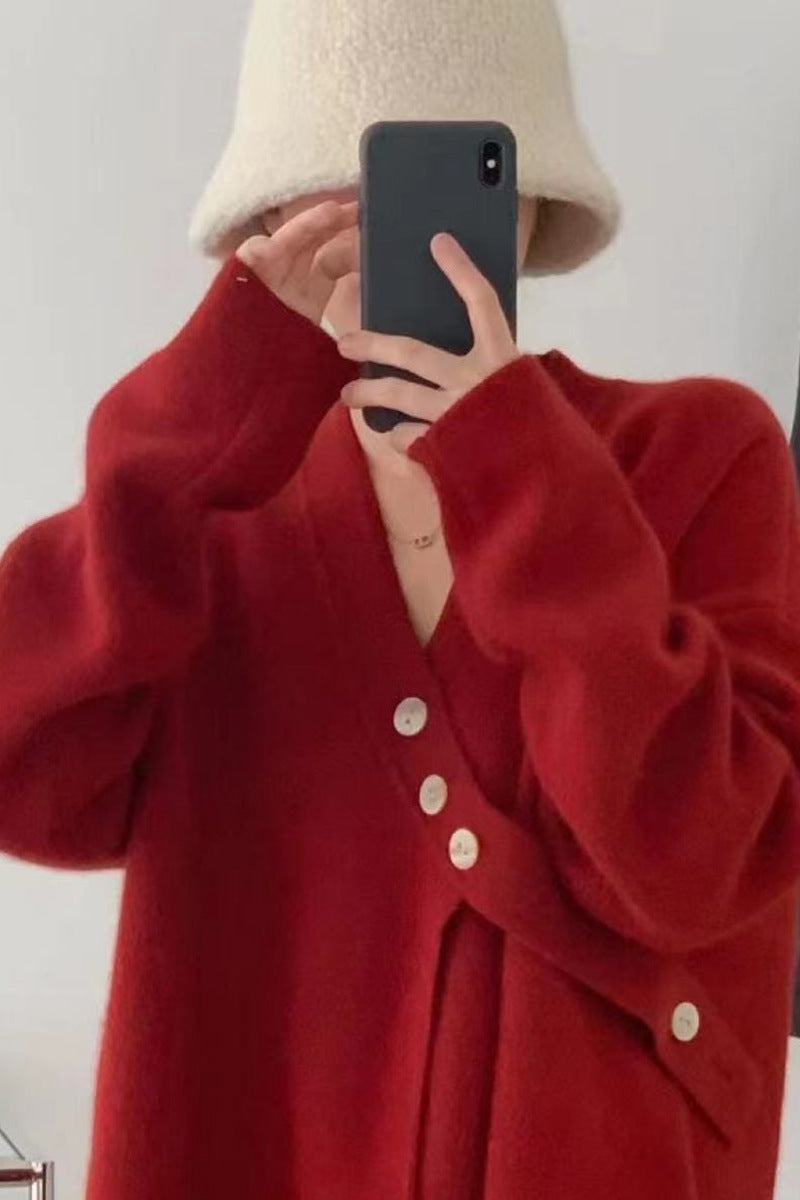 V-neck Diagonal Buckle Loose Knit Sweater Jacket