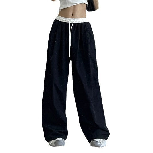 American Retro Street Style Stitching Contrast-color High Waist Tooling Pants